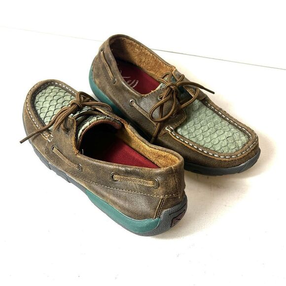Twisted X Casual Shoe Women 6.5M Driving Moc Leather Brown/Teal Snake Skin Print - Picture 4 of 10